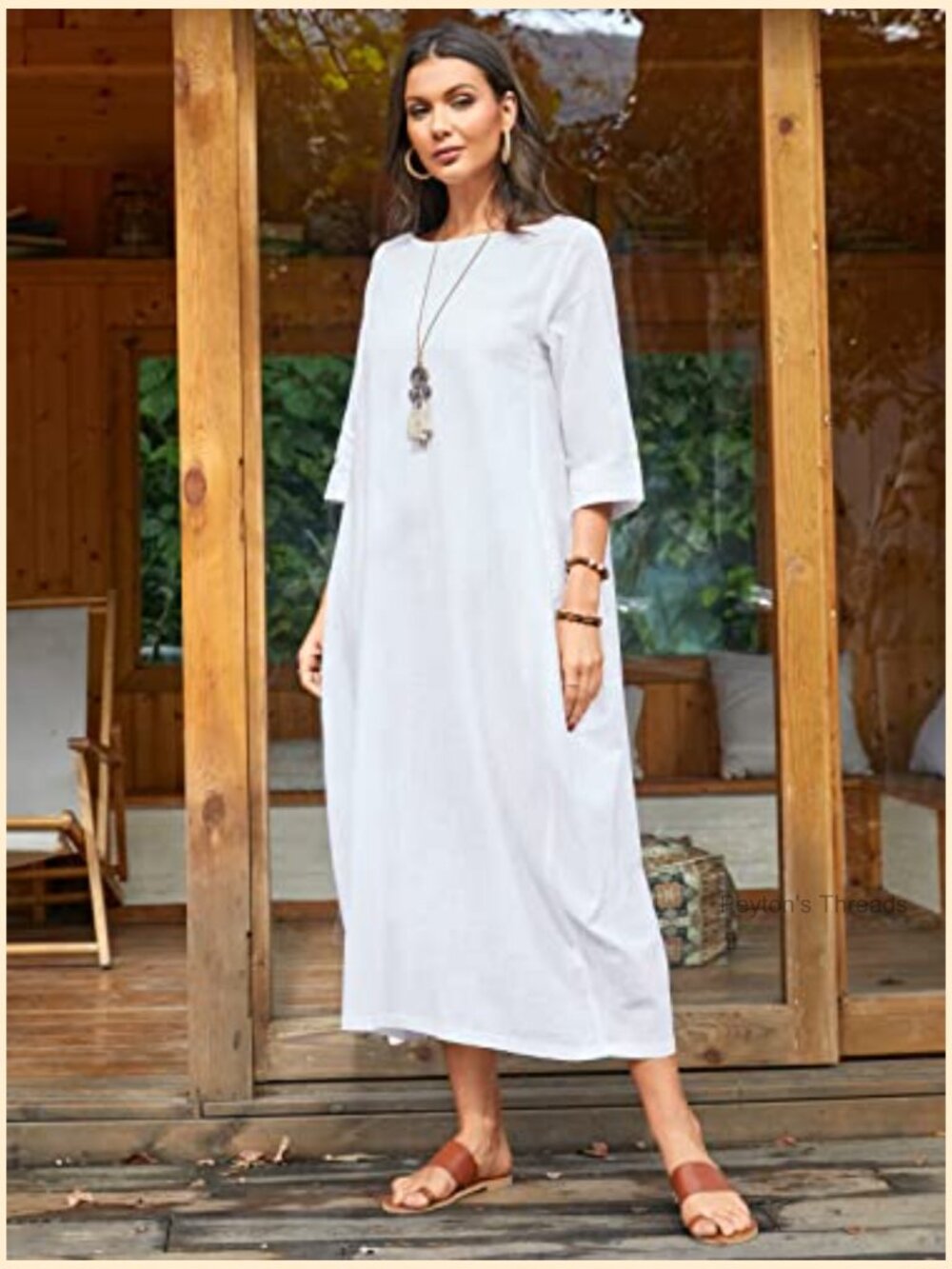 100% Cotton Oversized Loose Maxi Dress with Pockets 3/4 Sleeve - Picture 4 of 7